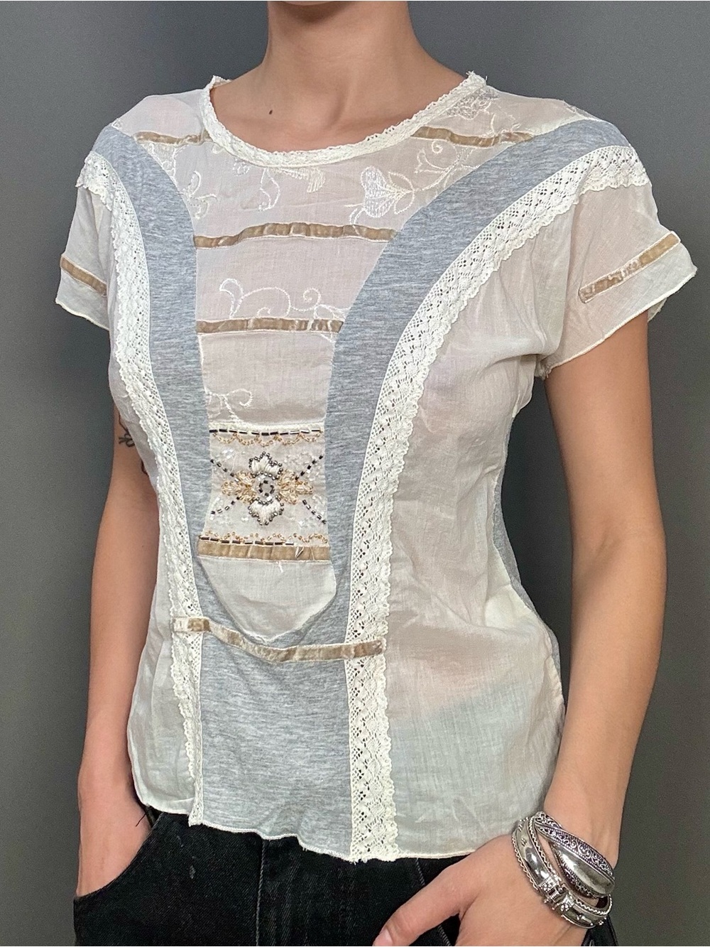 Embroidered Short Sleeve Cream Blouse